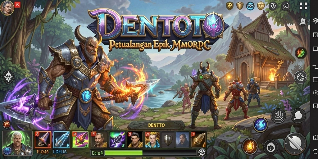 Tangkapan layar utama DENTOTO menampilkan aksi pertarungan yang mendebarkan dalam dunia MMORPG.
