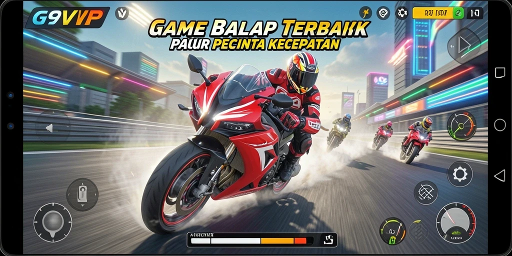 Screenshot G9VIP yang menunjukkan aksi balap motor seru dan mendebarkan.